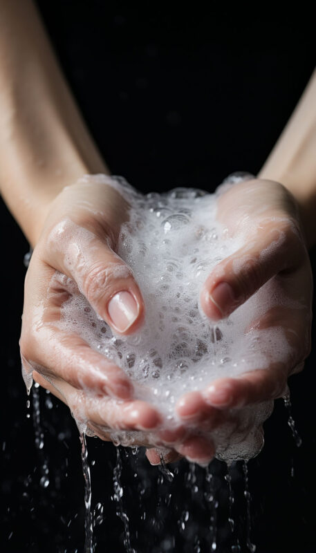 hình ảnh rửa tay với xà phòng và lau tay bằng khăn sạch Green Garden Soap