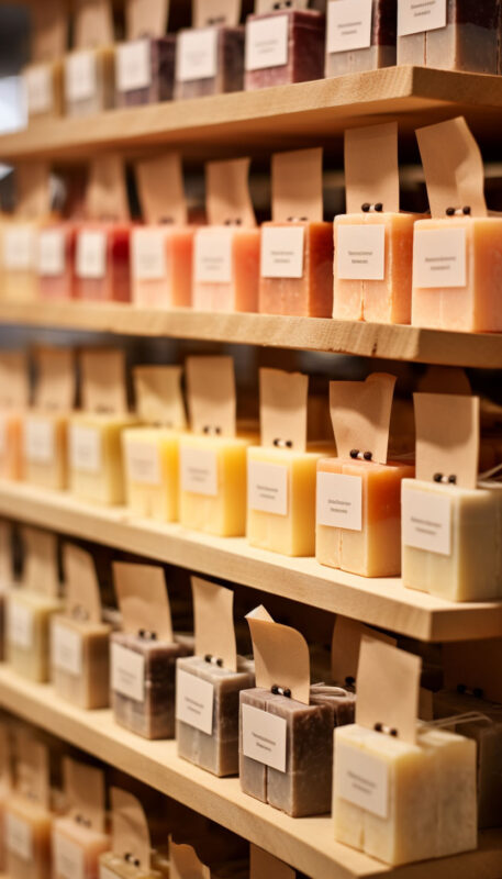 xà phòng thủ công handmade soap trưng bày trong cửa hàng quà lưu niêm souvenir shop store