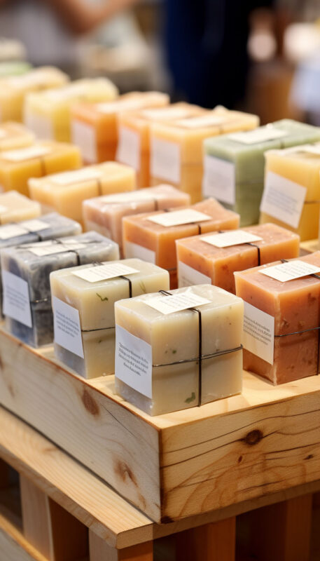 xà phòng thủ công handmade soap trưng bày trong cửa hàng quà lưu niêm souvenir shop store